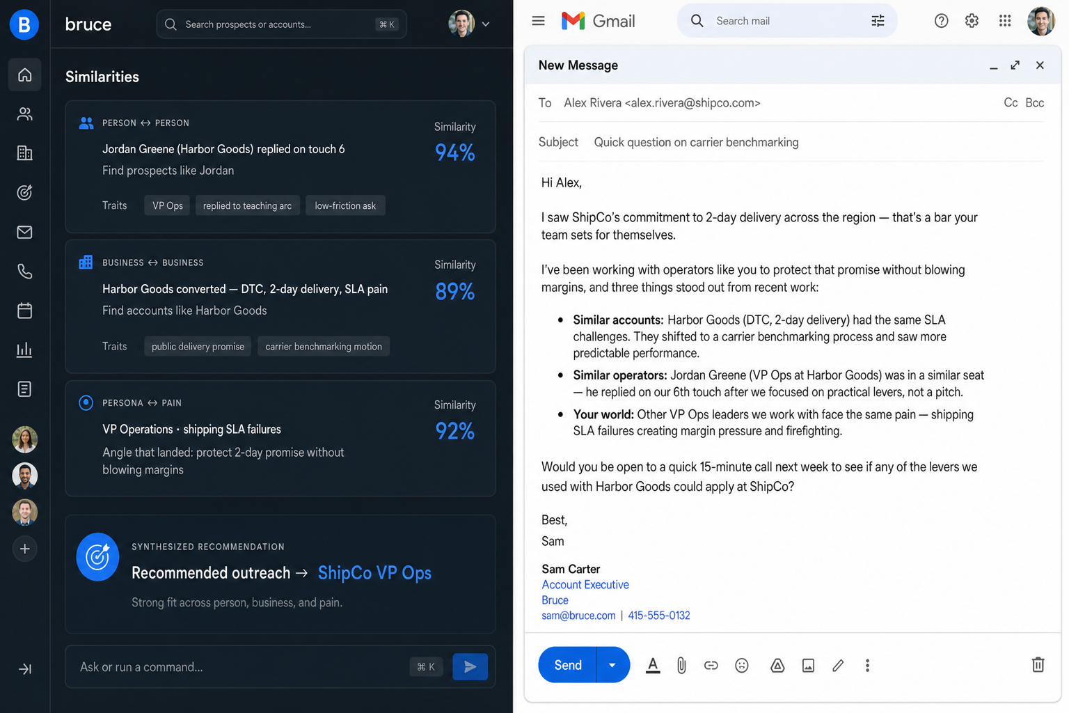 Bruce UI showing person-person, business-business, and persona-pain similarity panels next to a synthesized Gmail draft