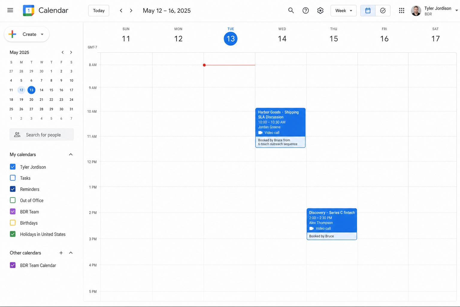 Google Calendar week view showing Harbor Goods and Series C discovery calls booked by Bruce from outreach sequences