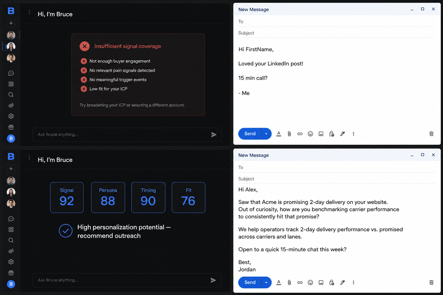 Bruce chat UI showing signal coverage failure vs. four-metric success score, paired with generic vs. personalized Gmail compose windows