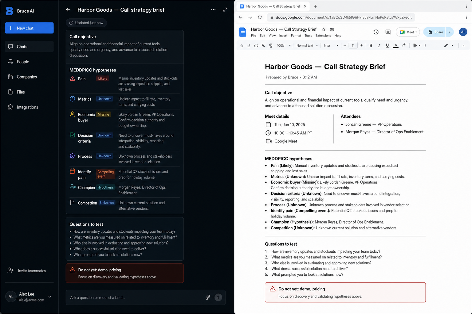 Split view of Bruce call strategy brief panel and Google Docs call strategy document for Harbor Goods