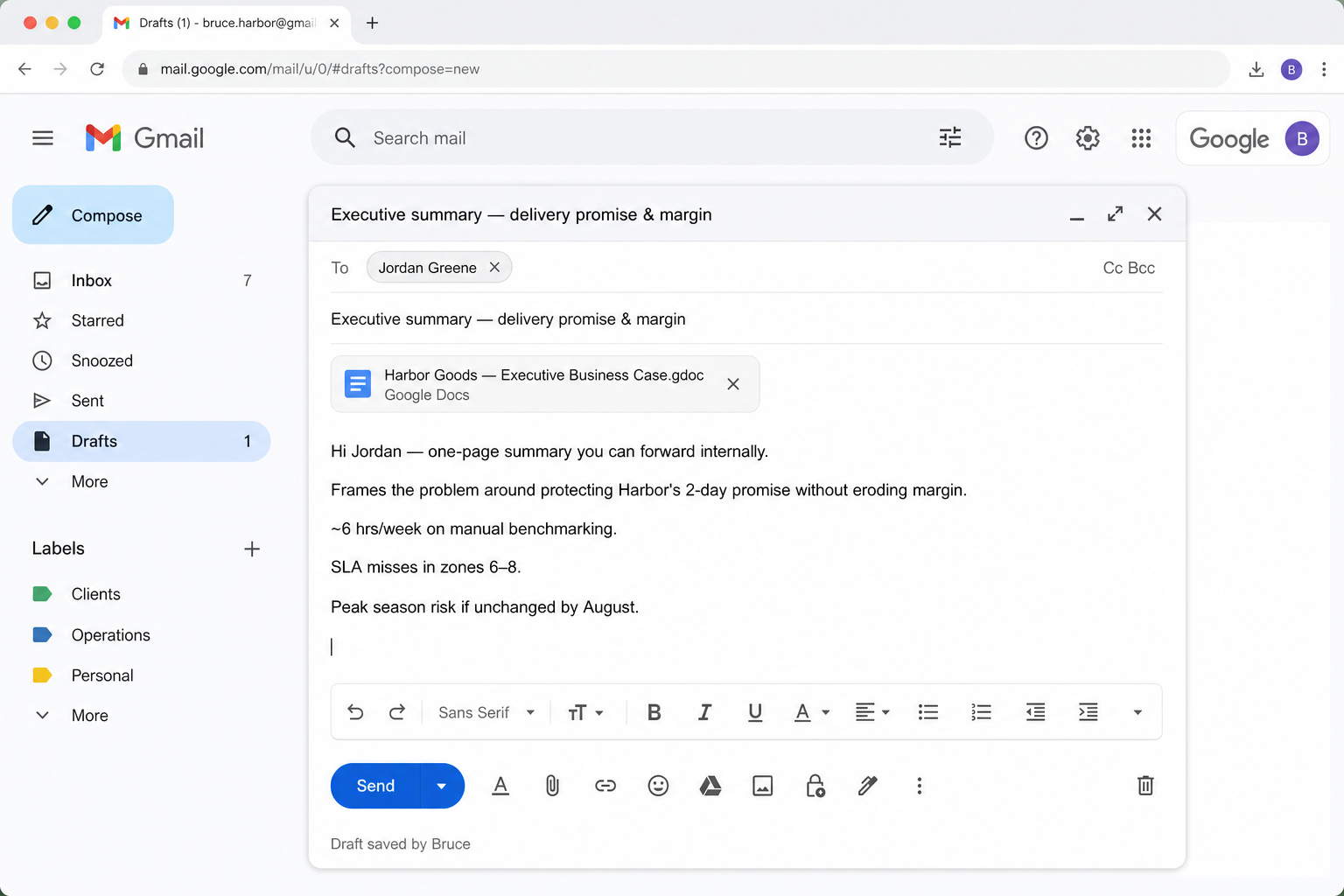 Gmail draft to Jordan Greene with Harbor Goods executive business case Google Docs attachment prepared by Bruce