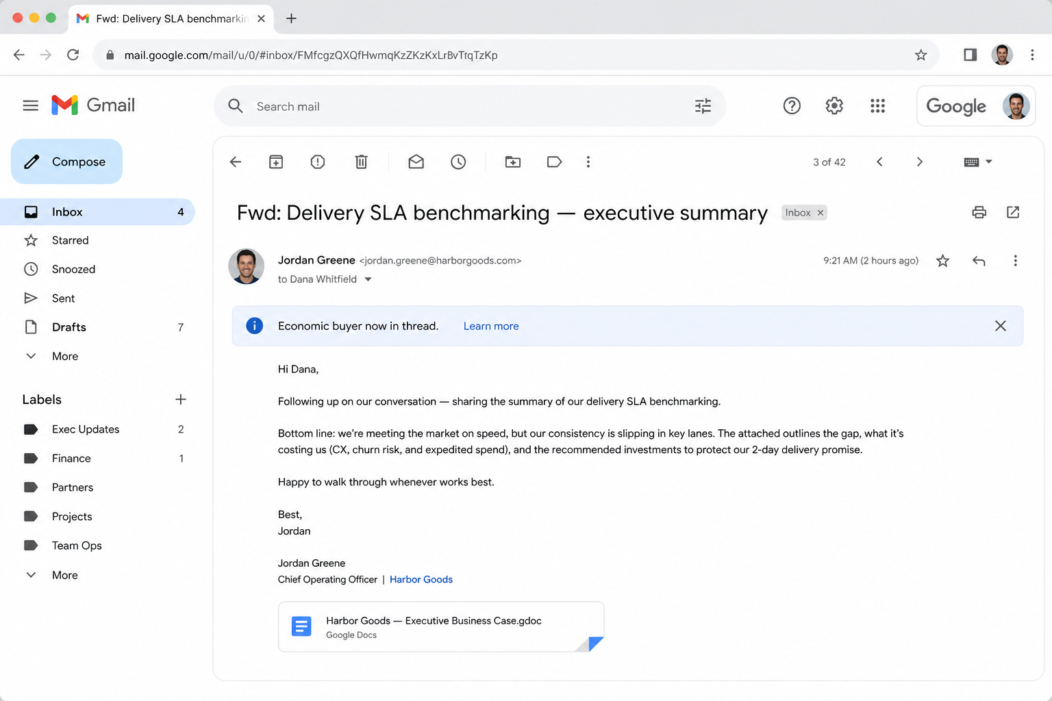 Gmail thread where Jordan Greene forwards the Harbor Goods executive business case to Dana Whitfield