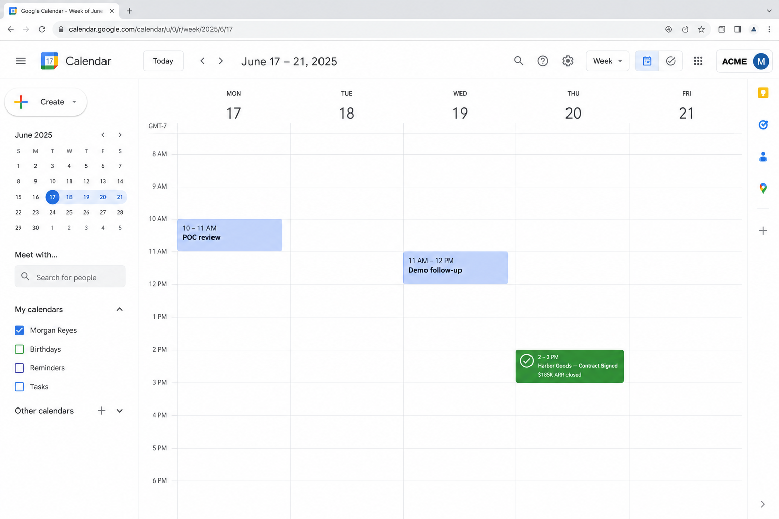 Google Calendar showing Harbor Goods contract signed event with CS kickoff scheduled