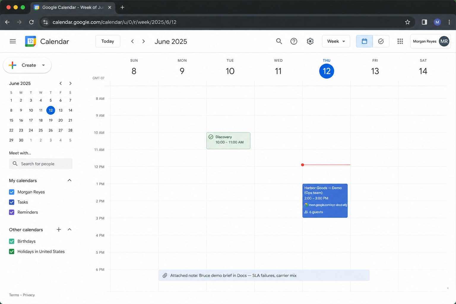 Google Calendar week view with Harbor Goods demo scheduled Thursday at 2 PM with Bruce demo brief attached