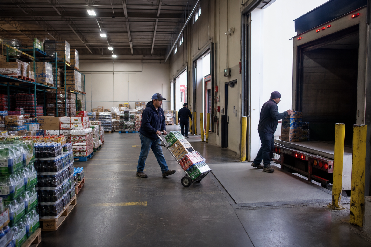Regional food and beverage distribution warehouse with delivery trucks loading palletized products at the dock