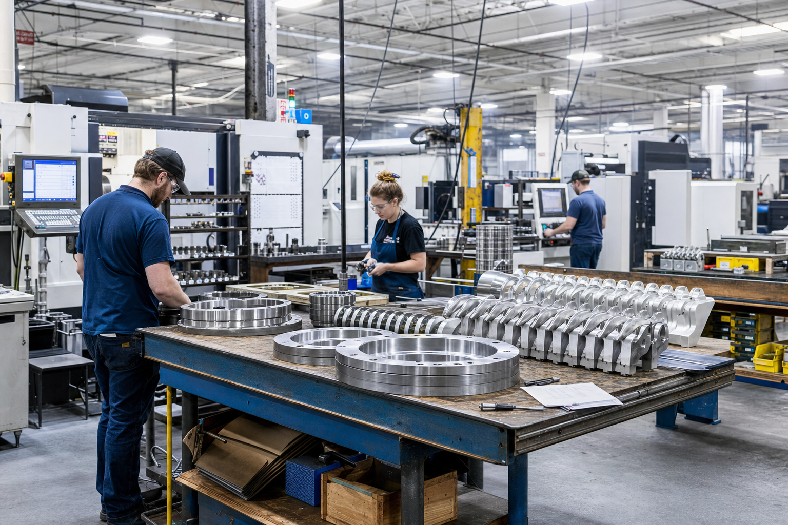 Family-owned precision manufacturing plant floor with CNC machines and workers producing metal components