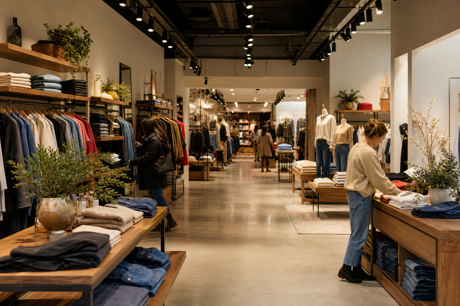 Multi-location fashion retail store interior with apparel racks, seasonal merchandise, and customers browsing