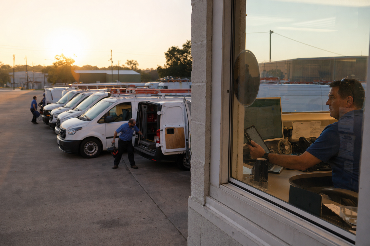 Field services company service vans at dawn with technicians loading equipment for dispatch