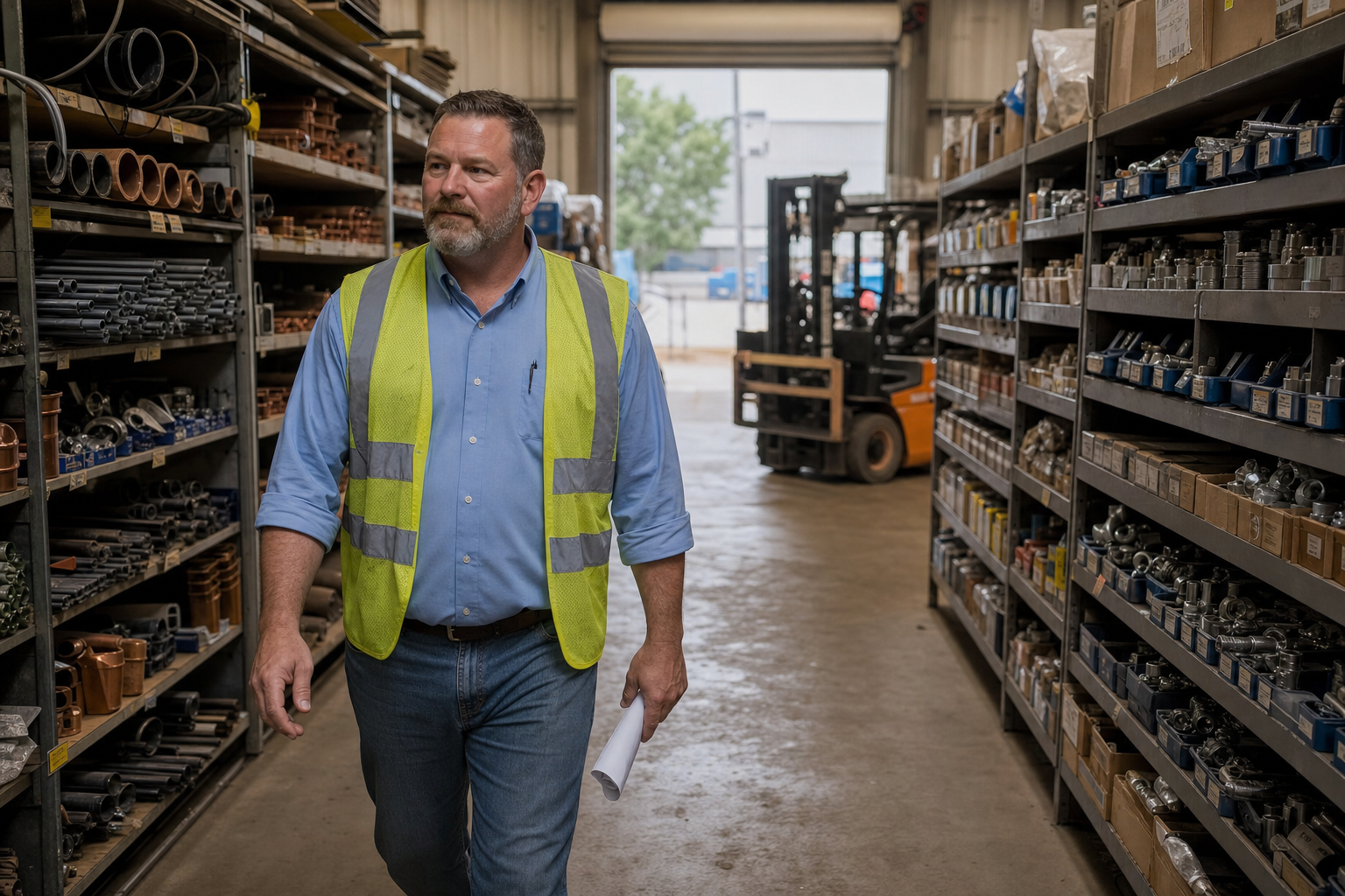 Outside sales rep in a mid-sized industrial supply distributor warehouse aisle with pipes, fittings, and electrical supplies