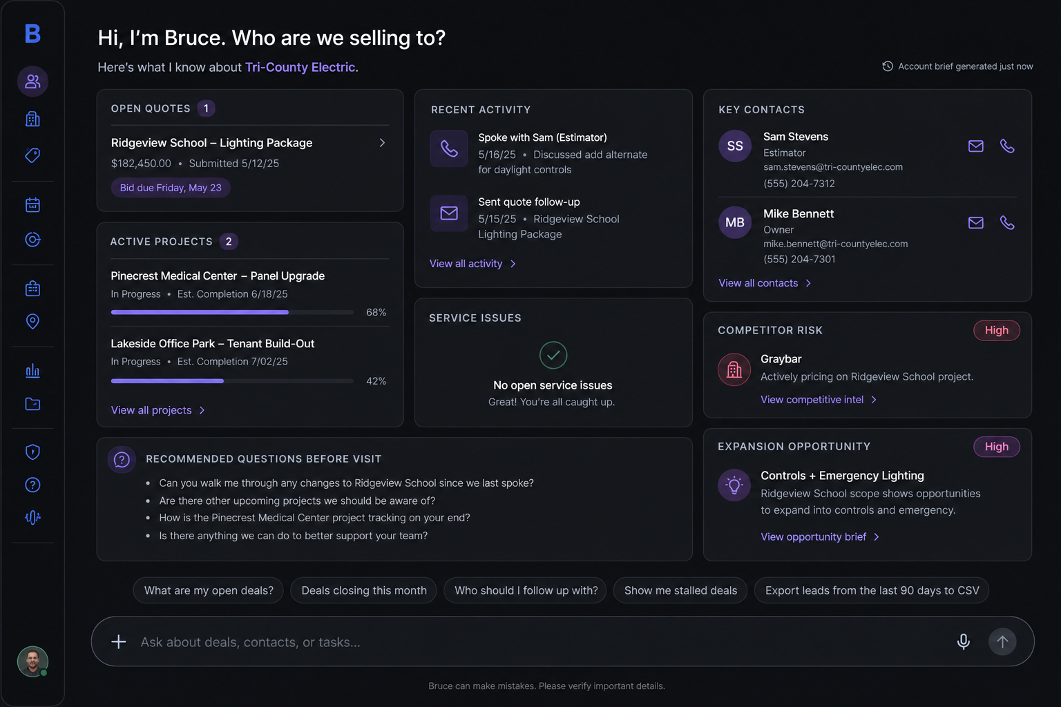 Bruce account brief view showing open quotes, contacts, risks, and recommended questions