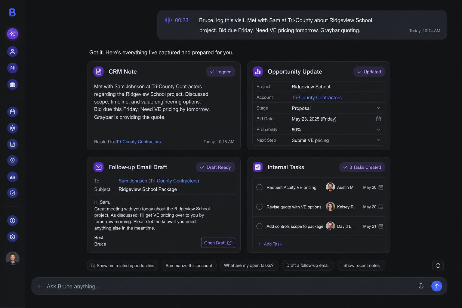 Bruce follow-up automation view showing voice note transcript and generated CRM outputs