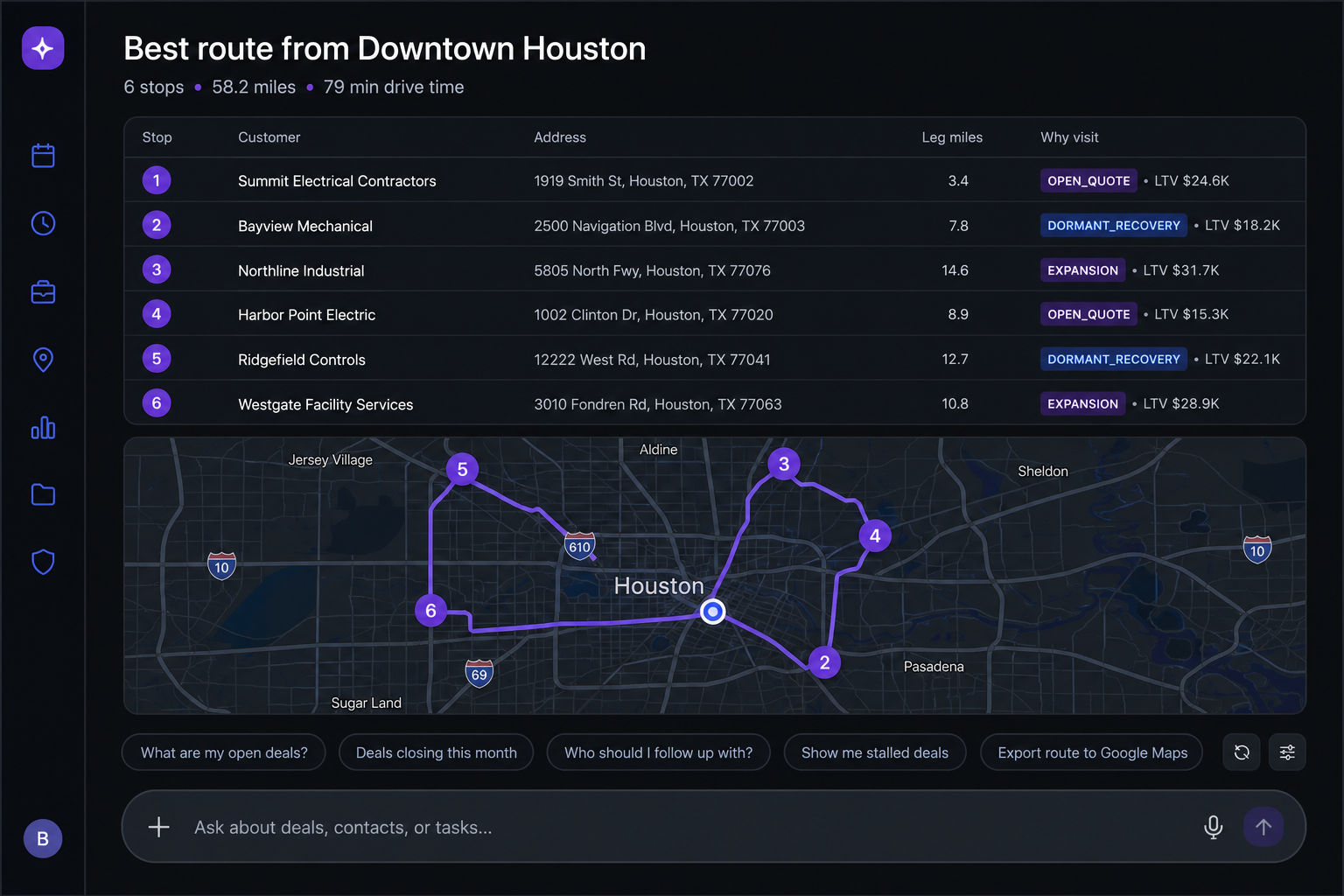 Bruce route prioritization view showing customer stops, visit reasons, and map sequence