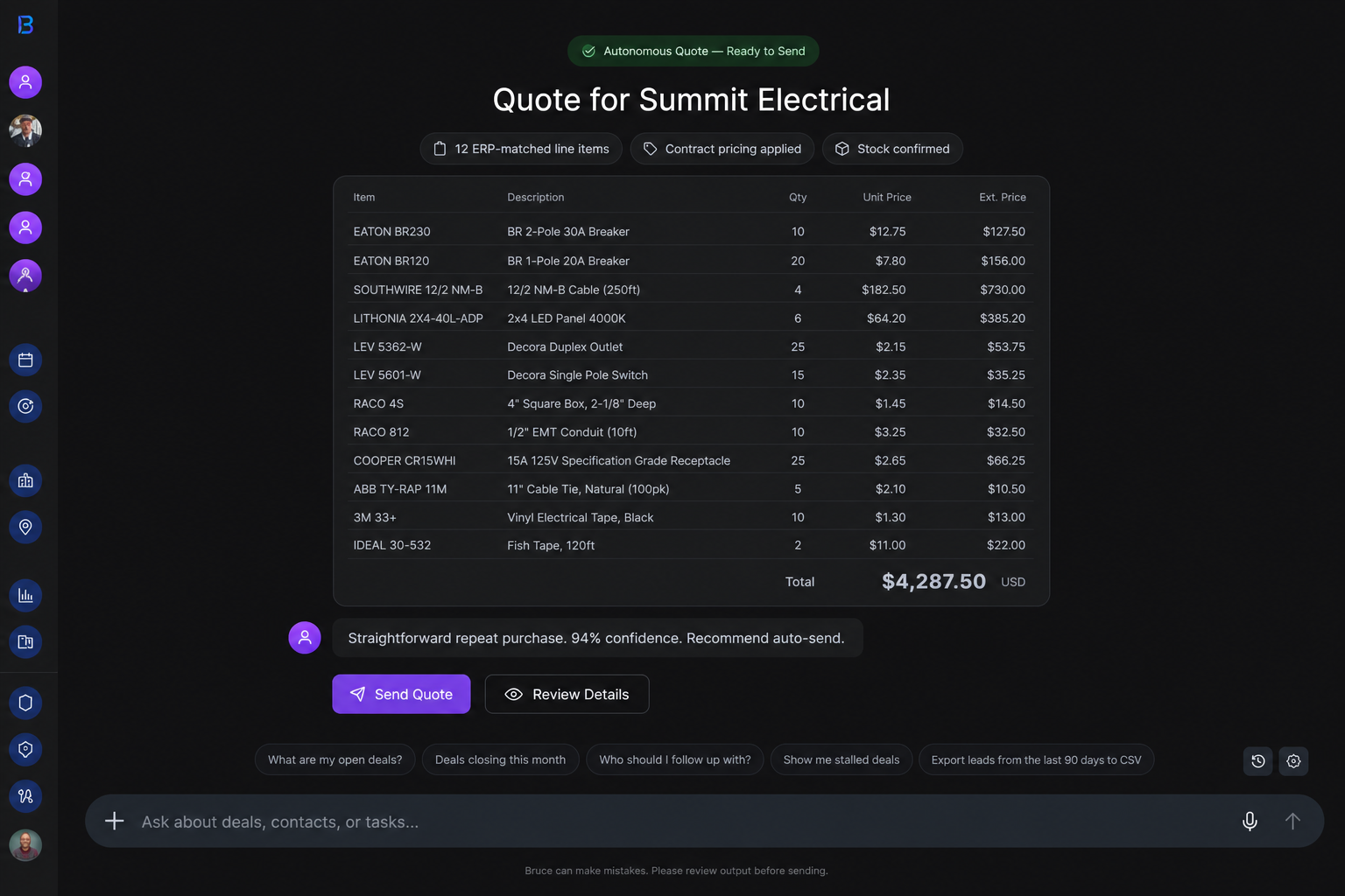 Bruce autonomous quote view for inside sales — matched ERP items, pricing, ready to send