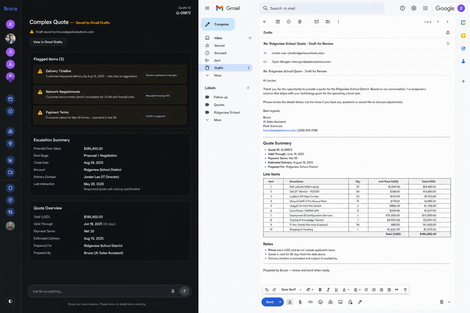 Bruce complex quote saved to Gmail Drafts for inside sales rep review
