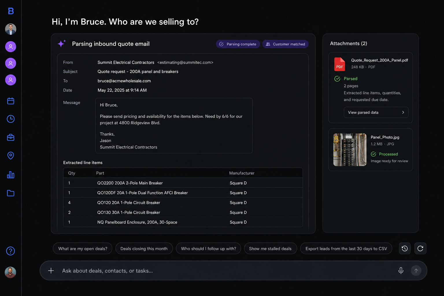 Bruce automatically detecting and parsing inbound quote request from connected Gmail inbox