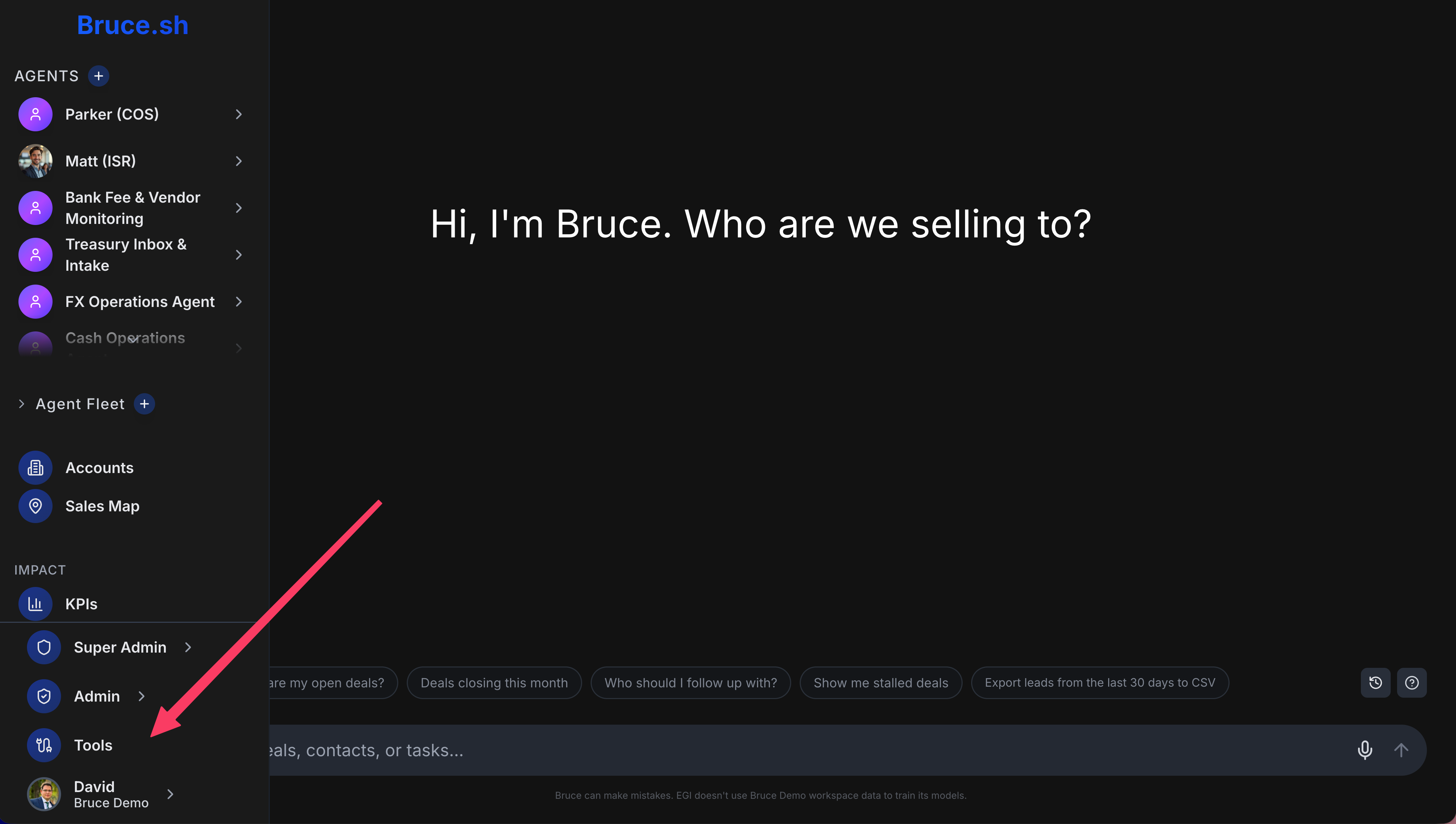 Bruce's left sidebar expanded, with the Tools link highlighted at the bottom