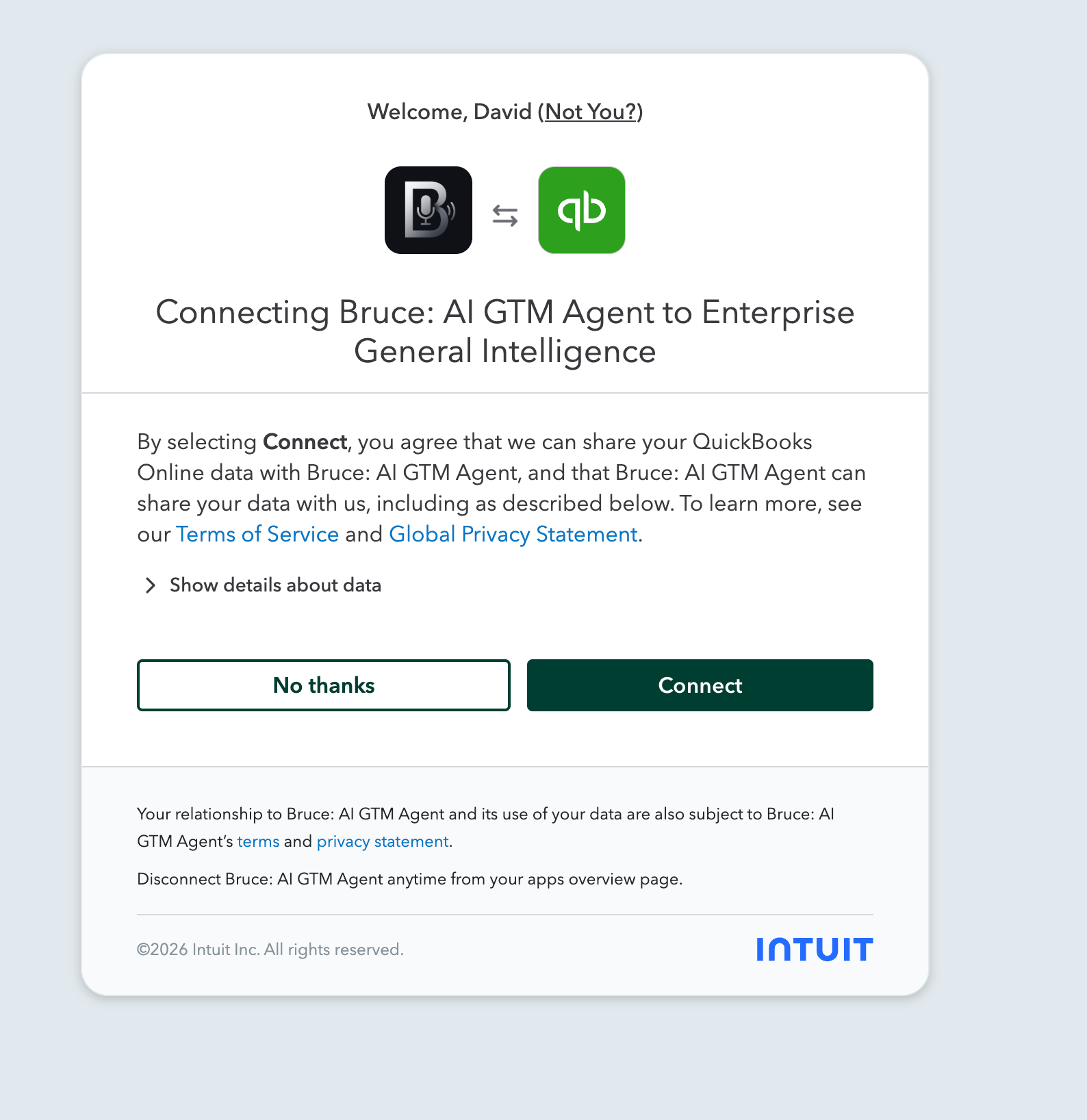 Intuit's OAuth consent screen for connecting Bruce: AI GTM Agent to QuickBooks Online, with the Connect button