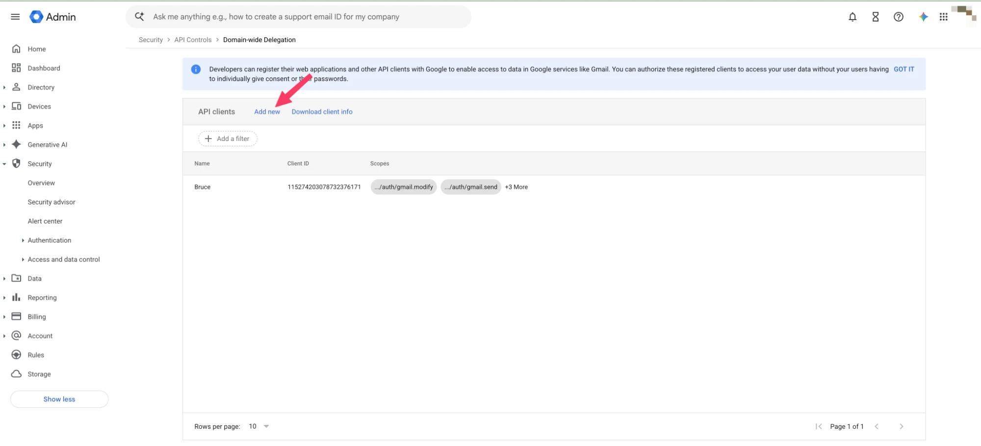 Domain-wide Delegation page with the Add new link highlighted