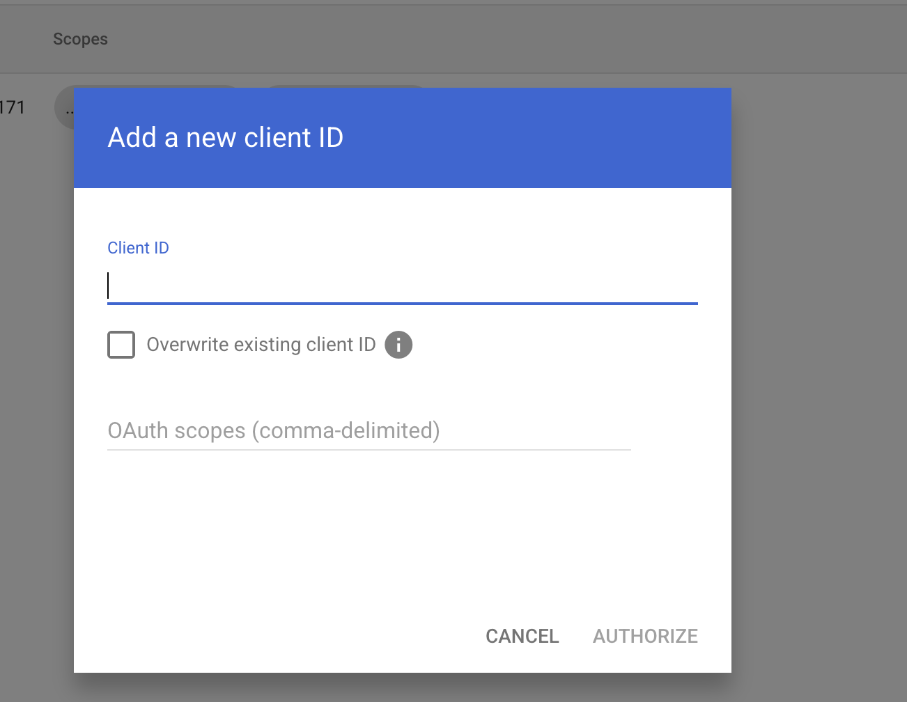 The empty Add a new client ID dialog