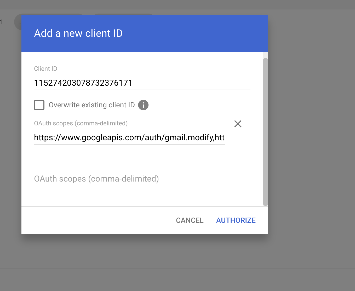 The dialog filled with Bruce's Client ID and OAuth scopes