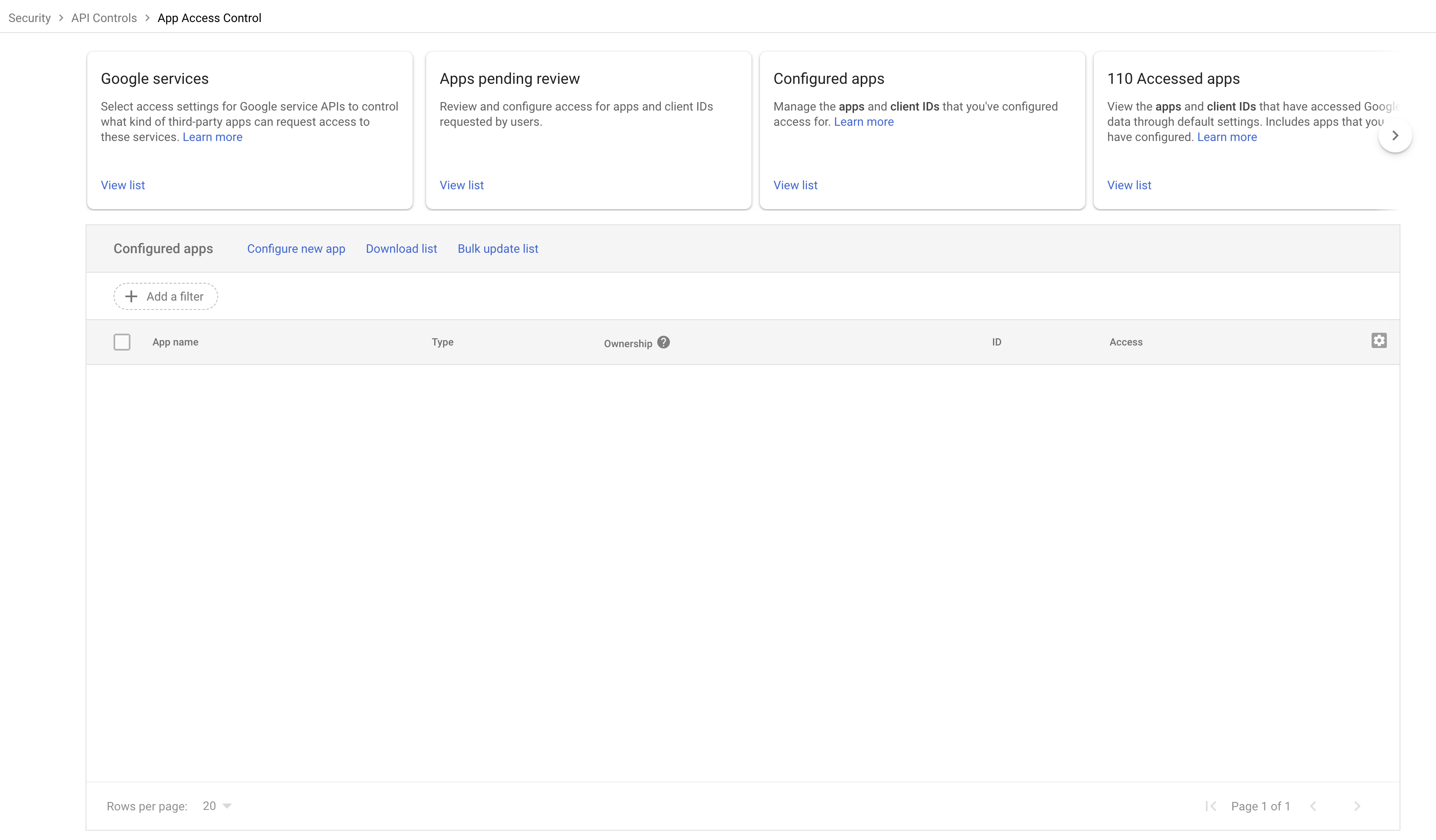 Google Admin Console - App Access Control page